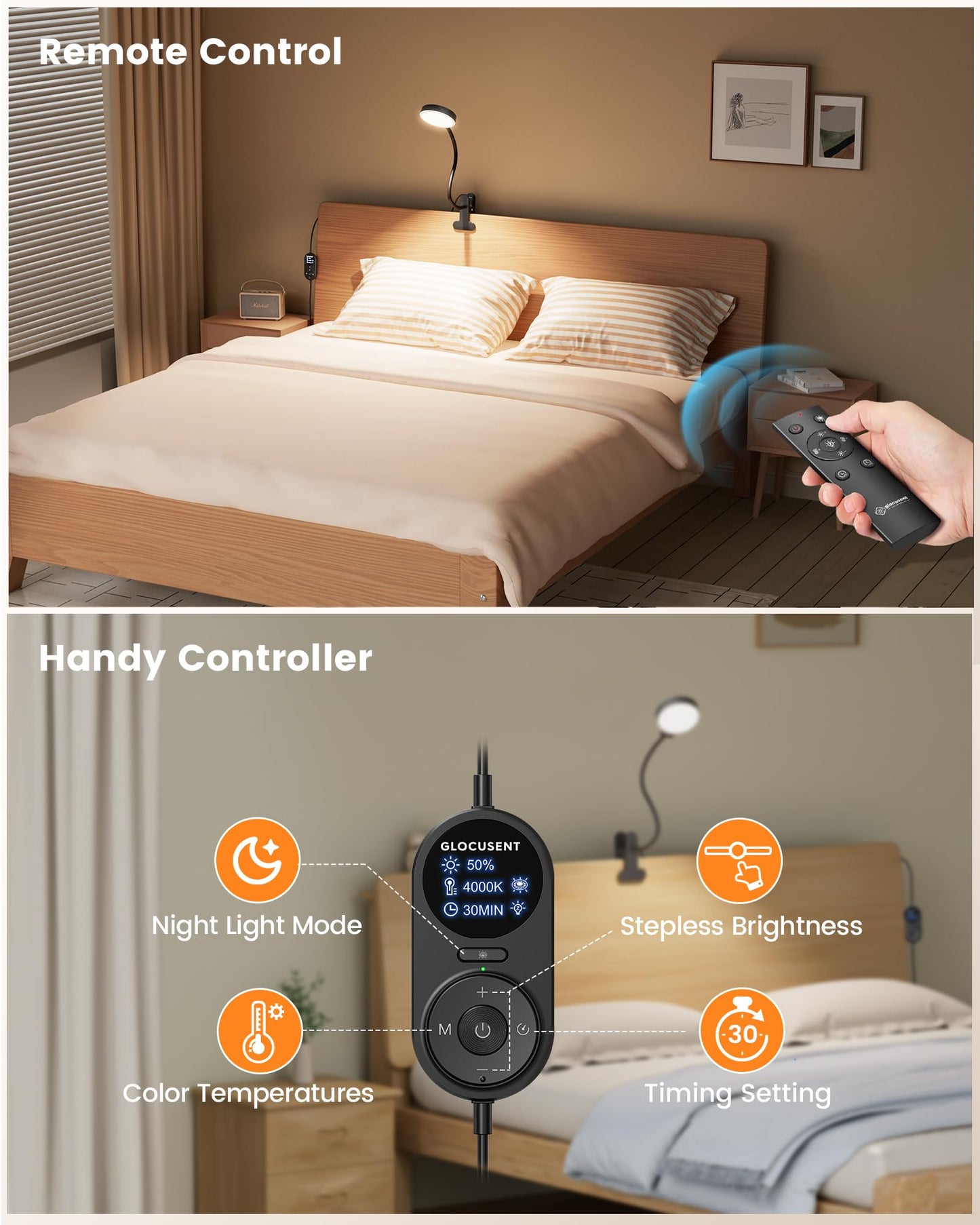 Glocusent 72 LED Clip on Lamp with Remote, Reading Light with Amber Ring, 3 Colors & 5 Dimmable Bed Lamp, 30/60-Min Auto Off Timer, Clamp Light for Headboard/Dorm/Bunk (Black)