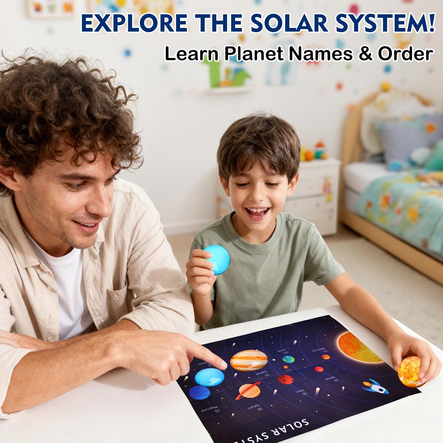 Losnakt Space Sensory Bin for Toddler, Science Themed with 8 Planets & Star Map, No-Mess Soft Pom Poms for Preschool Learning, Gifts for Boys Girls Age 3 4 5 6+