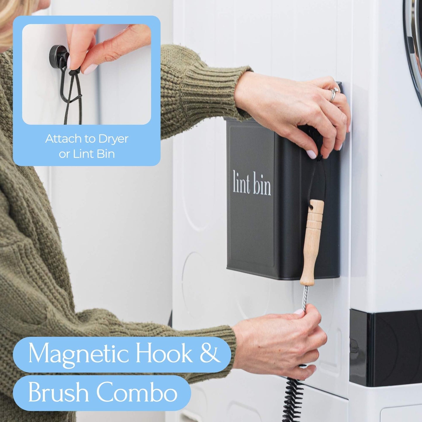 The Moda Collection Magnetic Laundry Lint Bin for Dryer | Wall-Mounted Small Trash Can for Laundry Room | Includes Magnetic Hook & Lint Brush | Space-Saving Magnetic Laundry Trash Can | Matte Black