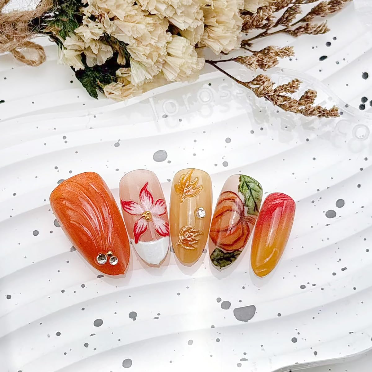 30Pcs Fall Press on Nails Medium Almond French Tip Fake Nails with 3D Flower Gold Sliver Gems Design Maple Leaf Pumpkin False Nails Glossy Glue on Nails Full Cover Artificial Stick on Nail for Women