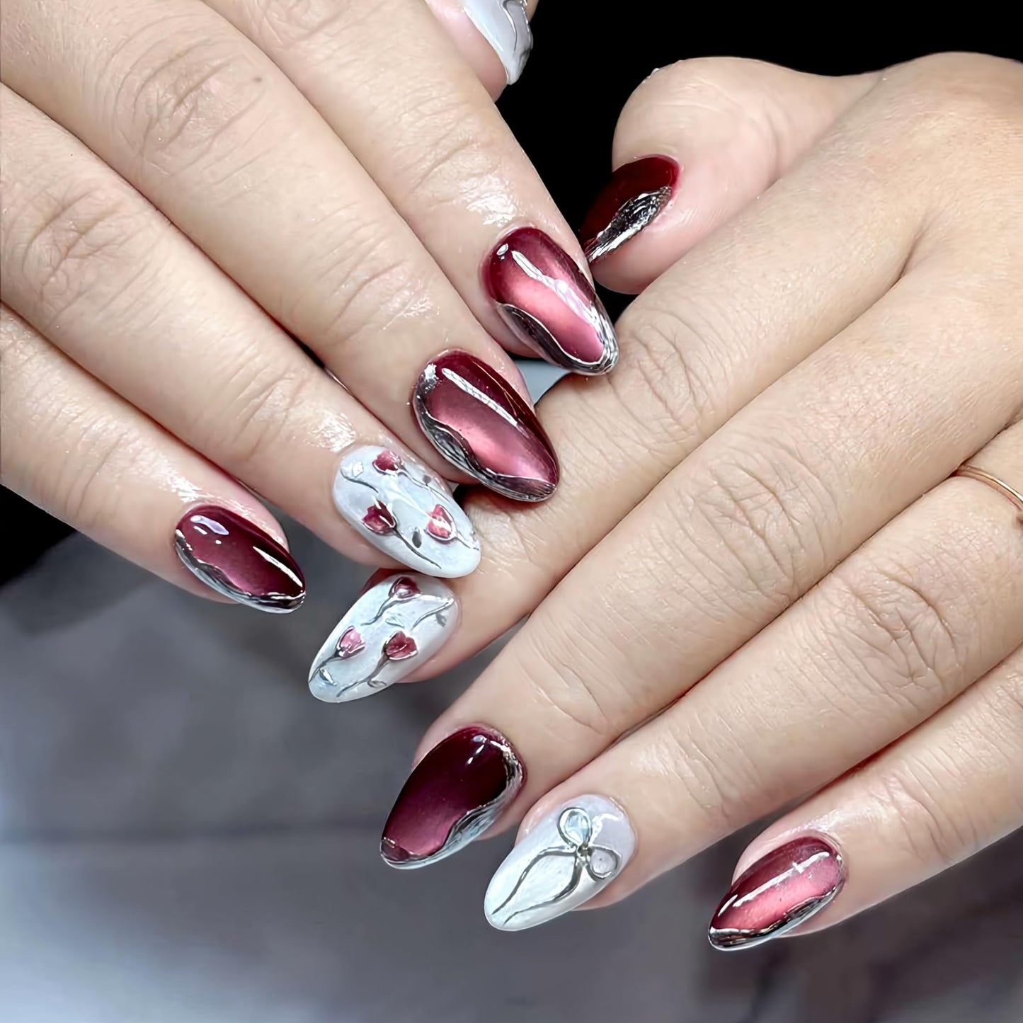 Medium Press on Nails Almond Fake Nails Red Acrylic Nail Press Ons Seeneey Bow and Flowers Designs Cat eye Stick on Nail for Women 30pcs