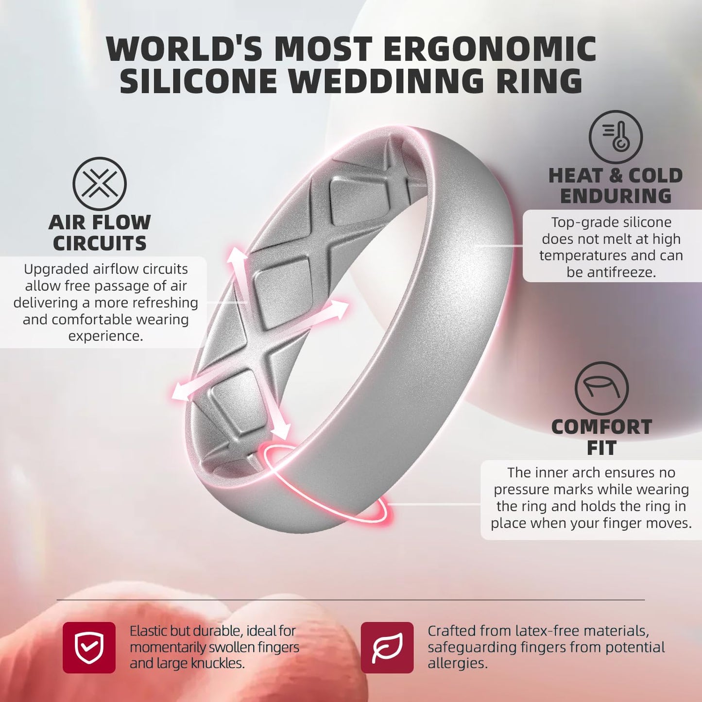 Egnaro Women's Engagement Rings, Silicone Inner Arc Ergonomic Breathable Design with half sizes, Rubber Wedding Band Rings，5.5mm Wide-2mm Thick