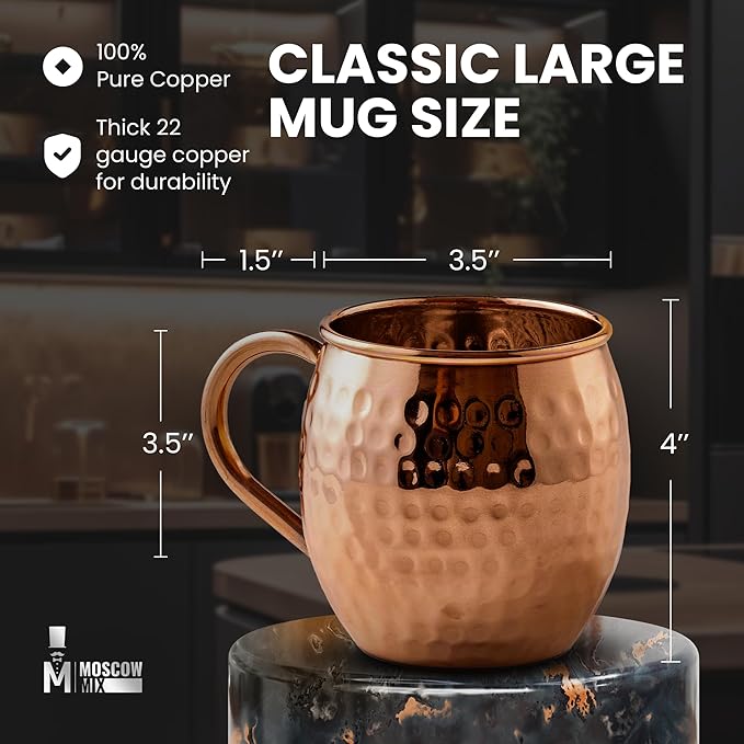 Moscow-Mix Moscow Mule Mugs - Set of 2-100% Pure Copper Mugs 16 OZ Large - Handcrafted Hammered Moscow Mule Cups Set - Premium Solid Pure Copper Cups Gift