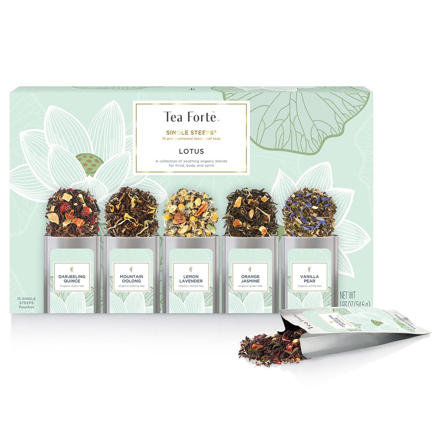 Tea Forte Single Steeps Loose Leaf Tea Sampler, Assorted Variety Tea Box, 15 Single Serve Pouches, Gifts for Mom, Lotus Tea
