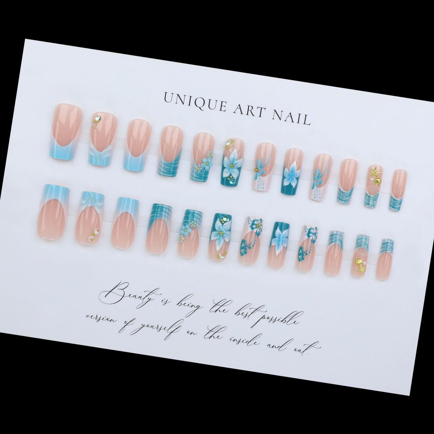 Medium Press on Nails Square Blue Flowers Stick on Nail for Women 24pcs