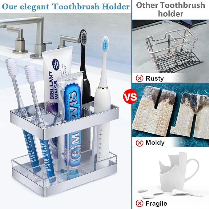Chintu Toothbrush Holders for Bathrooms - Electric Tooth Brushing Holder Rustic Farmhouse Toothbrush Organizer for Bathroom Counter 5 Slots Toothbrush and Toothpaste Holder for Family Kid Clear/Silver