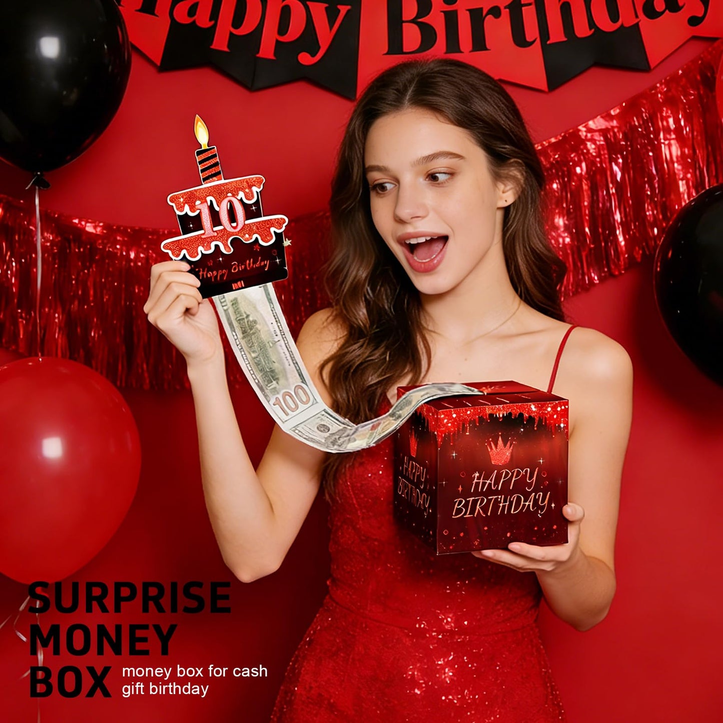 AOYOO Black Red Birthday Money Box for Cash Gift, Surprise Explosion Pop Up Gift Box with 0-9 Number Stickers for DIY Custom Age 18th 21st 30th 50th, Funny Cash Pull Party Supplies for Men Women