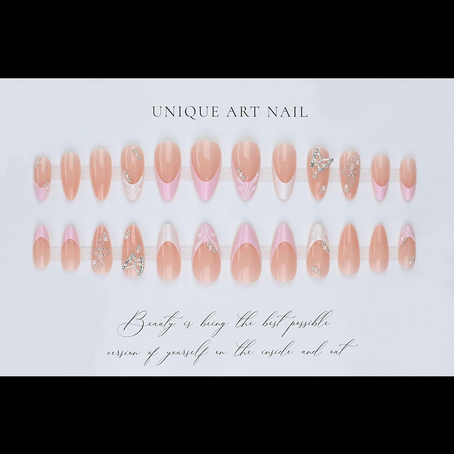 24PCS Medium Almond Press-On Nails Set - Nude Pink Gel Fake Nails with 3D Silver Flower Pearl & Butterfly Decor False Nails Reusable Adhesive Spring Summer Glue Stick-On Nail for Women Salon Look