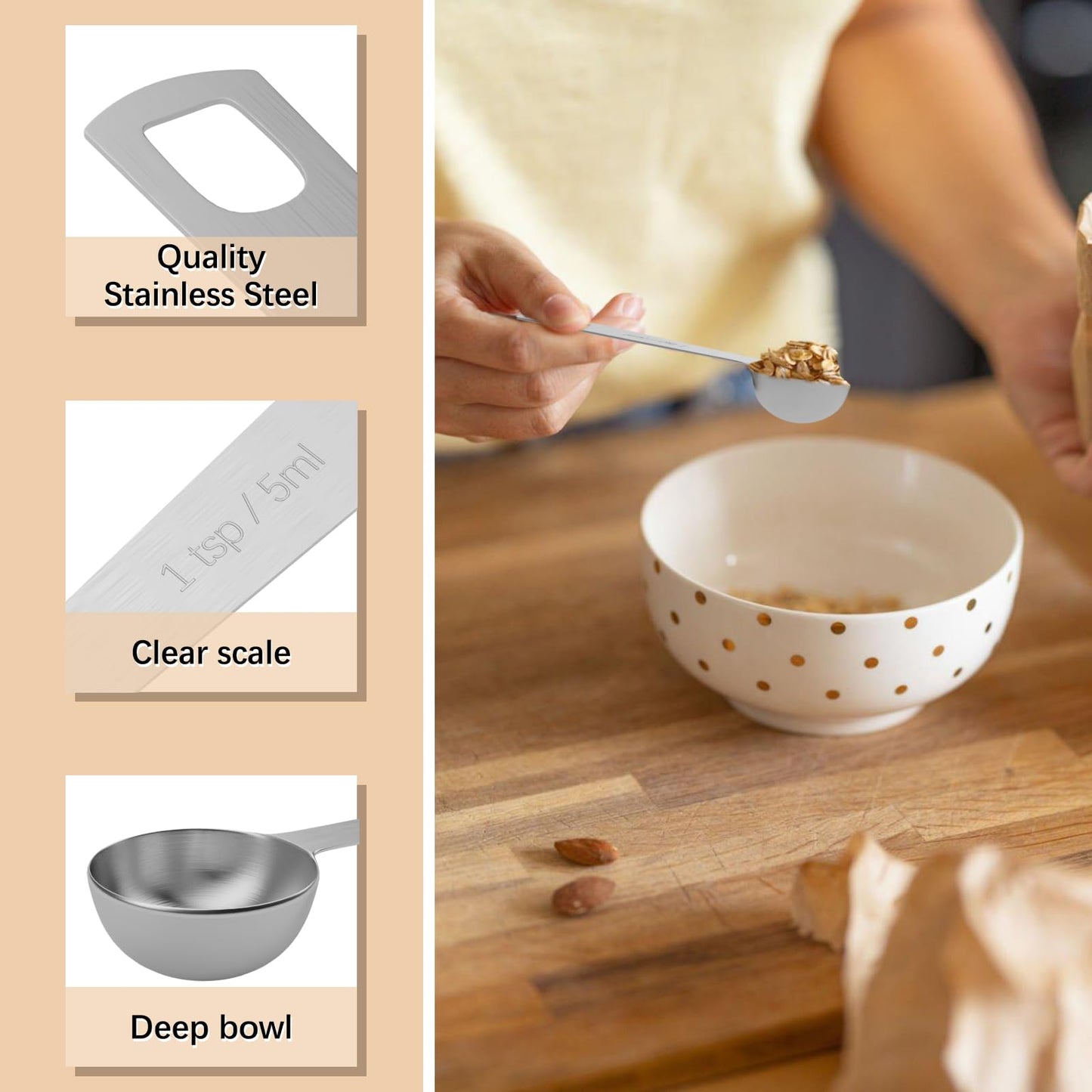 BERYLER 5PCS 1tsp (1/3tbsp, 5ml) Single Measuring Spoon, Stainless Steel Individual Teaspoons Only