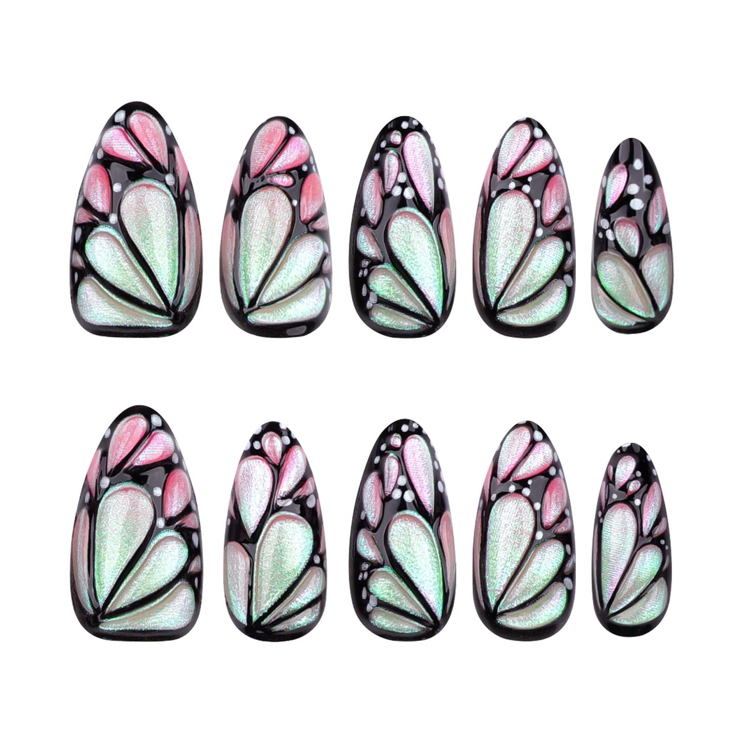 Butterfly Wing Press on Nails 3D Butterfly Wing Stick on Nails Black Curve Line Acrylic Fake Medium Almond Nails 24 Pcs Glossy Multicolor Glitter False Nails Wing Gel Glue on Nails for Women Girls