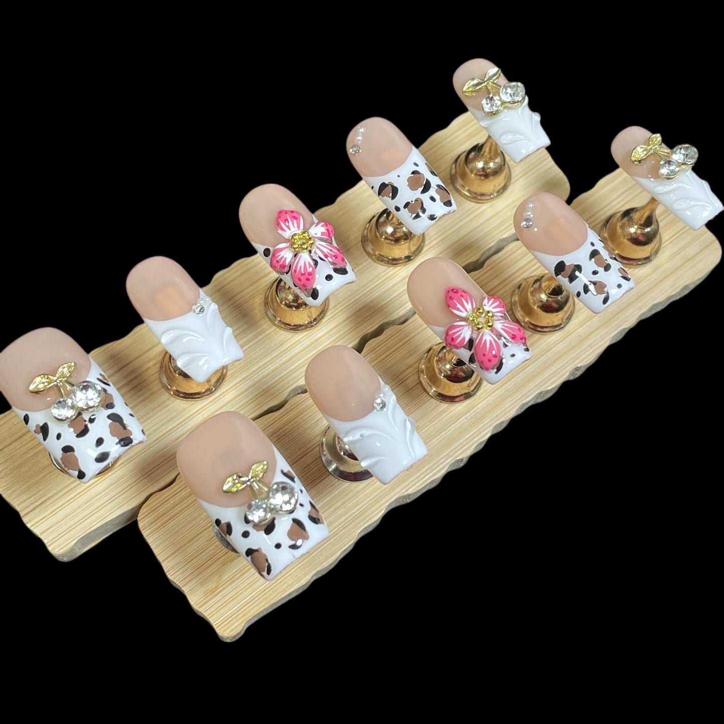 Handmade Press On Nails, 3D Velvet Floral Short/Medium Length Square White French Tips, Leopard Cherry Design, Reusable Acrylic False Nails (Velvet Jungle, L)