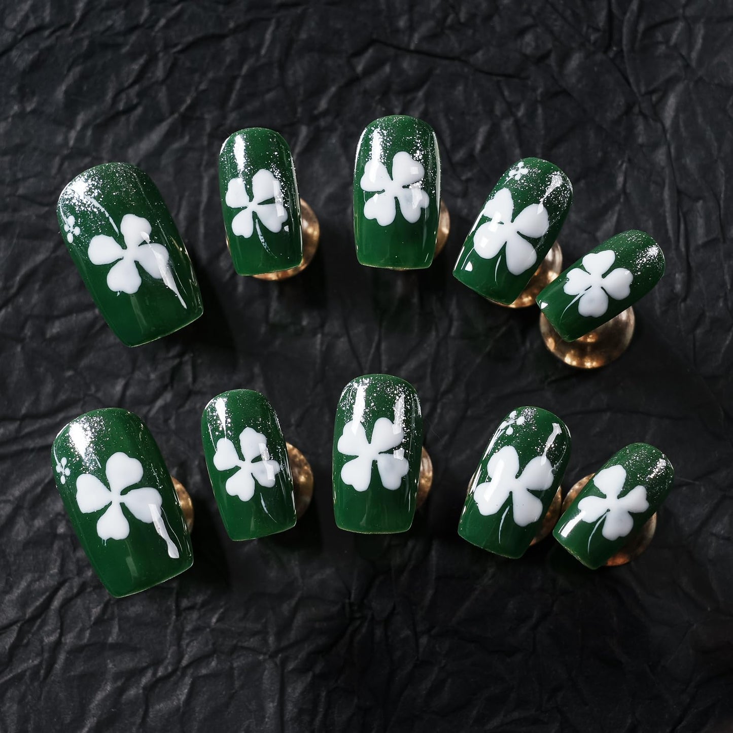 Tesytto Medium Square Press On Nails Acrylic Green Fake Nails with Silver Glitter Design & White Clover Print, Stick on Nails for Women (Size L)