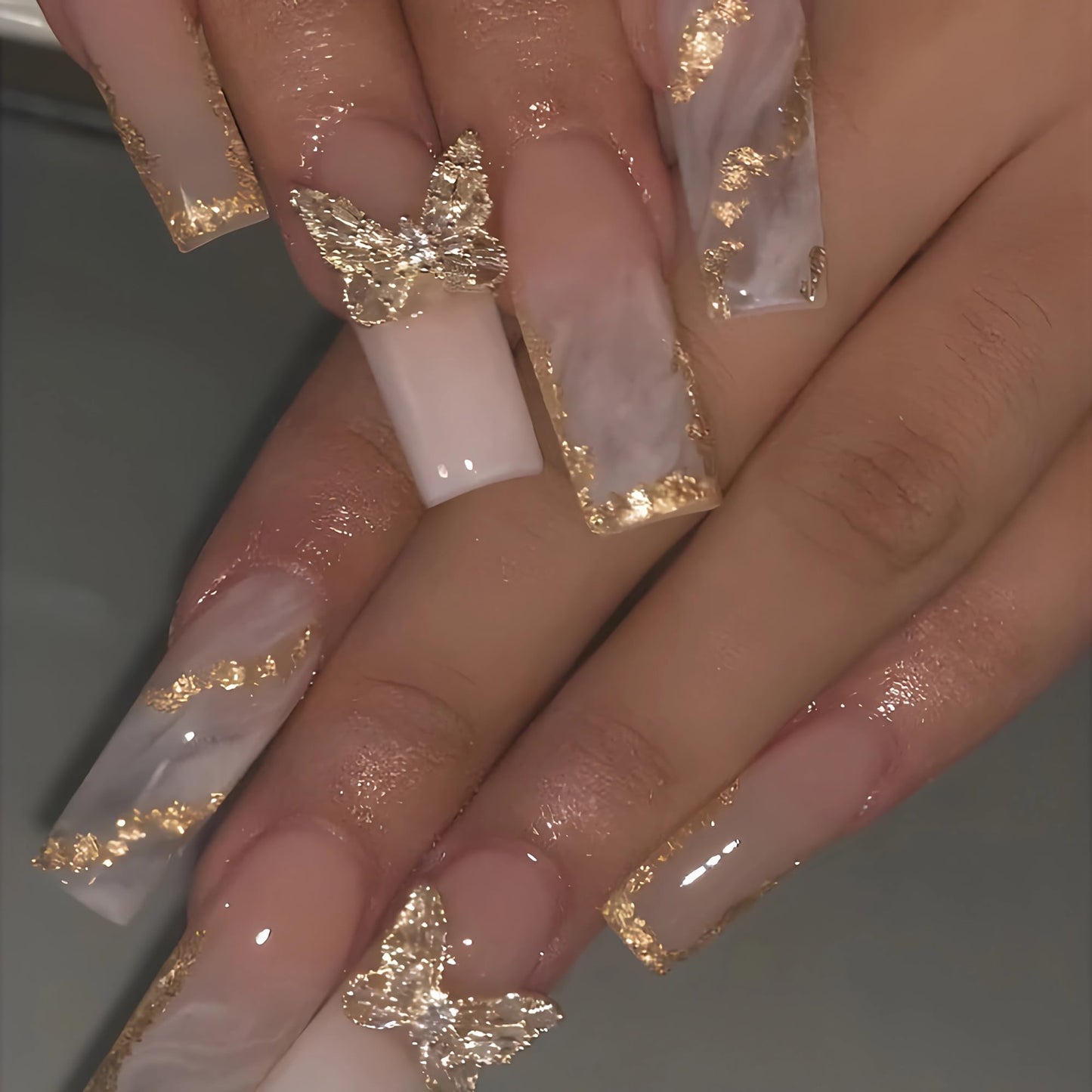 BABALAL Long Square Press on Nails, Pink White Gradient Golden Glitter Swirl 3D Butterfly Charm Design Acrylic Squoval Nails 24 Pieces