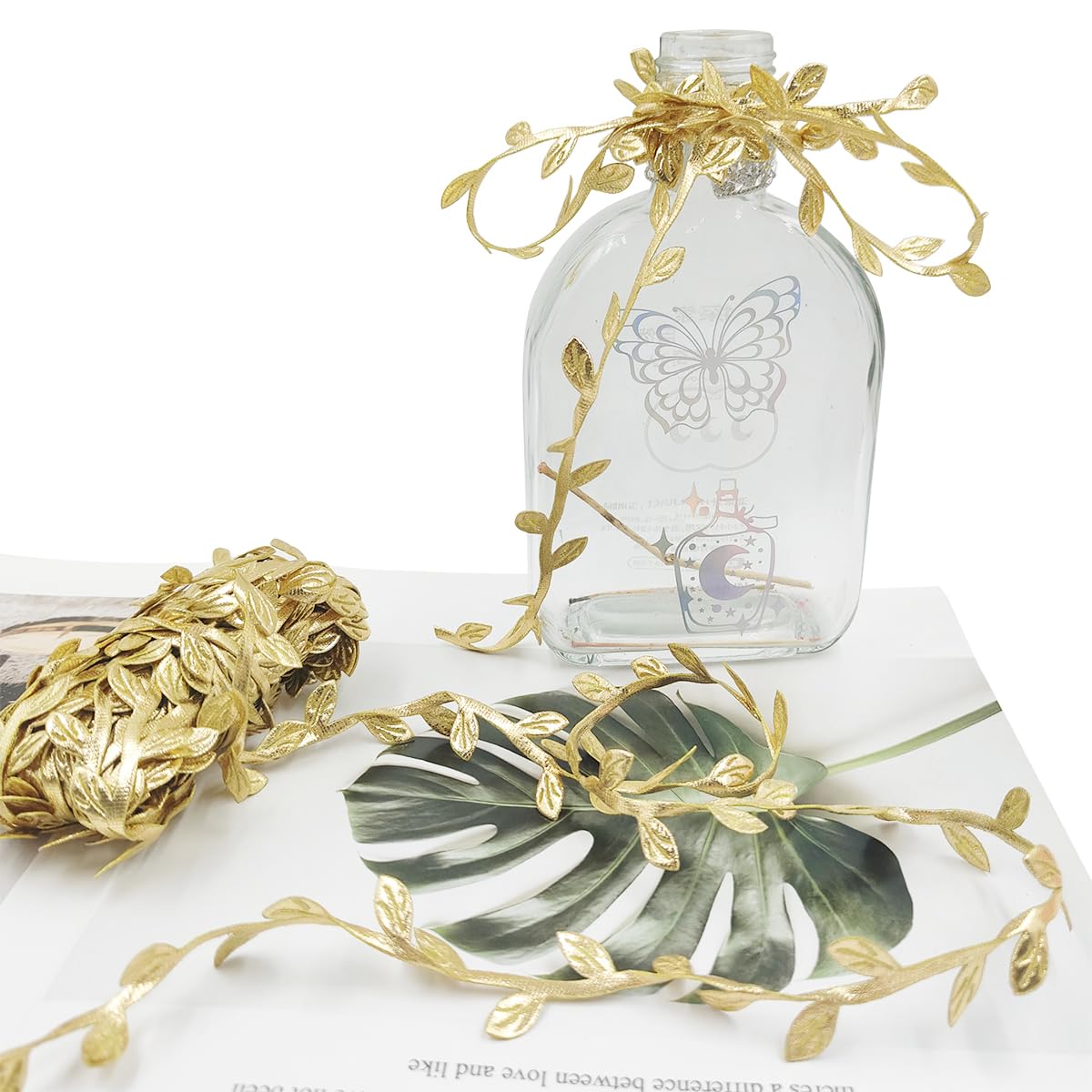 2 PCS Leaf Ribbons 43.7 Yard, lyfLux Leaves Leaf Ribbon Trim Rope, for for DIY Crafts, Wedding, Home Decor (Gold+Green)