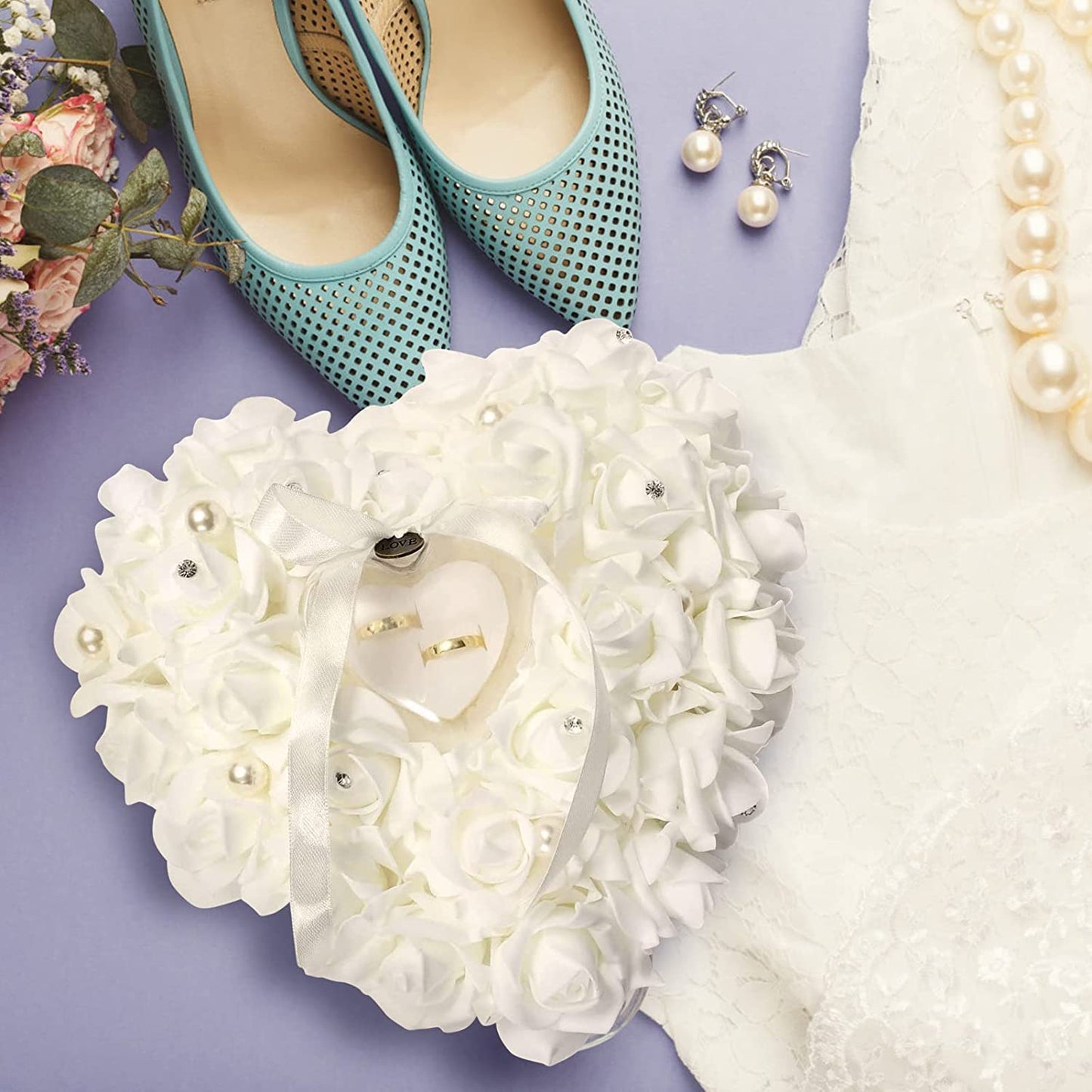 GOTOTOP Wedding Pillow, White Heart Shape Wedding Box for Wedding Lace Crystal Rose Heart Box Wedding Holder Gift
