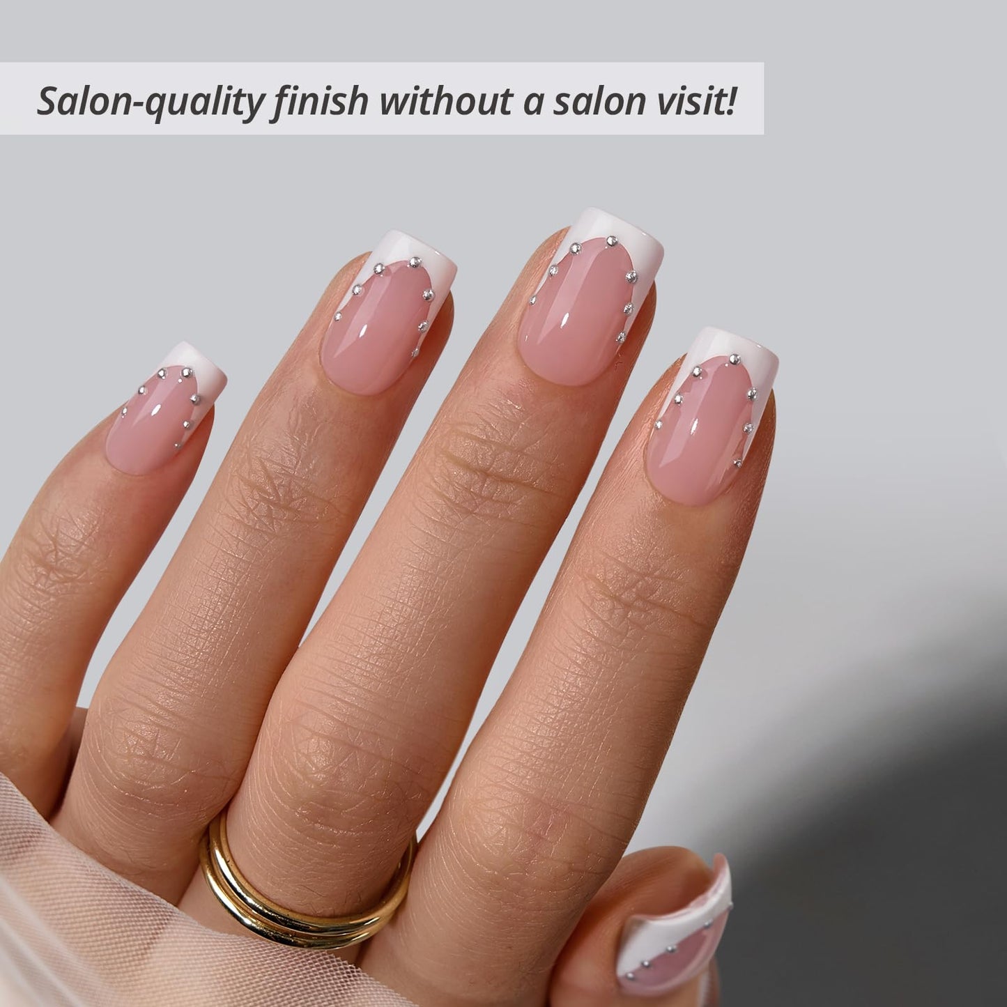 BTArtbox French Tip Press On Nails - Steadfast Vow, Lamp-Curable 4-Week Wear Pink Short Square Press On Nails with Glue and Adhesive Tabs, Easy-to-Apply in 16 Sizes - 32 Nails All-in-One Kit