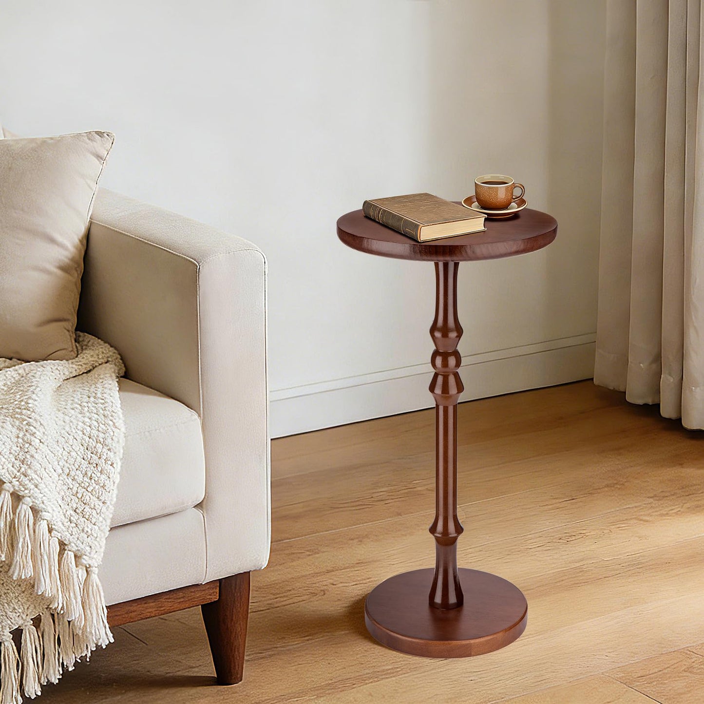Lampaggio Round Side Table for Small Spaces, Drink Table with Oak Wood Pedestal Base, Modern Accent End Table or Nightstand for Living Room, Bedroom, Office, and Corners, Tool-Free Assembly, Brown