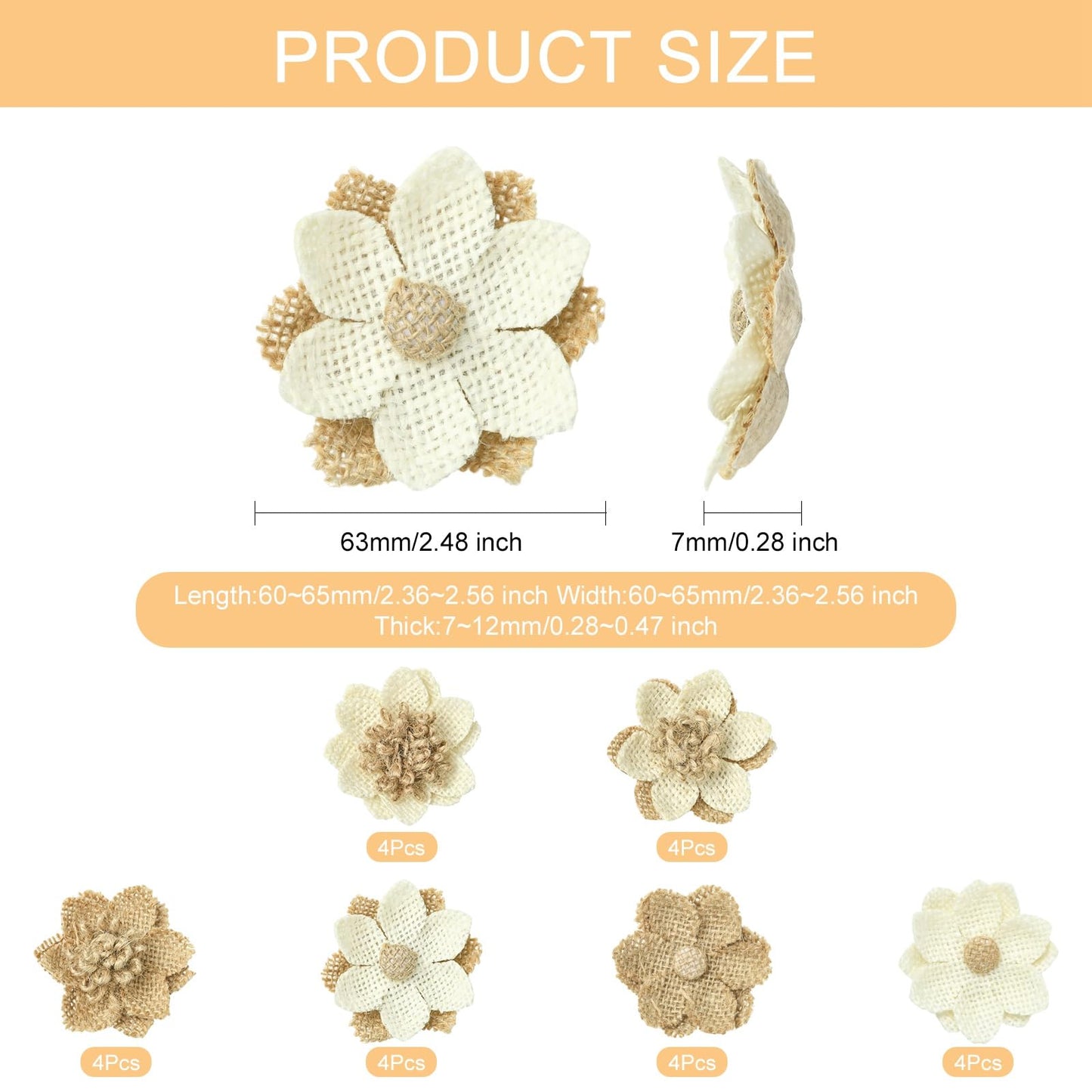 LiQunSweet 24 Pcs 6 Styles Handmade Natural Burlap 3D Fabric Flowers Burlap Rustic Ornament Accessories for Hat DIY Handmade Crafts Home Embellishment Wedding Party Decoration