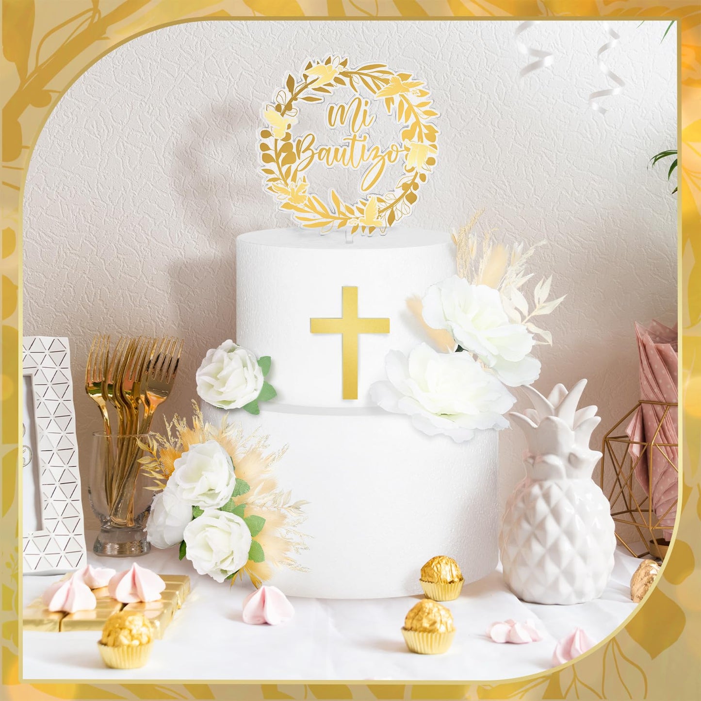 9 Pcs Mi Bautizo Cake Topper Gold Cross and Dried Flower Decor Set First Holy Communion Baptism Cake Pick Religious God Bless Baptism Cake Decoration for Celebration Milestones Decor
