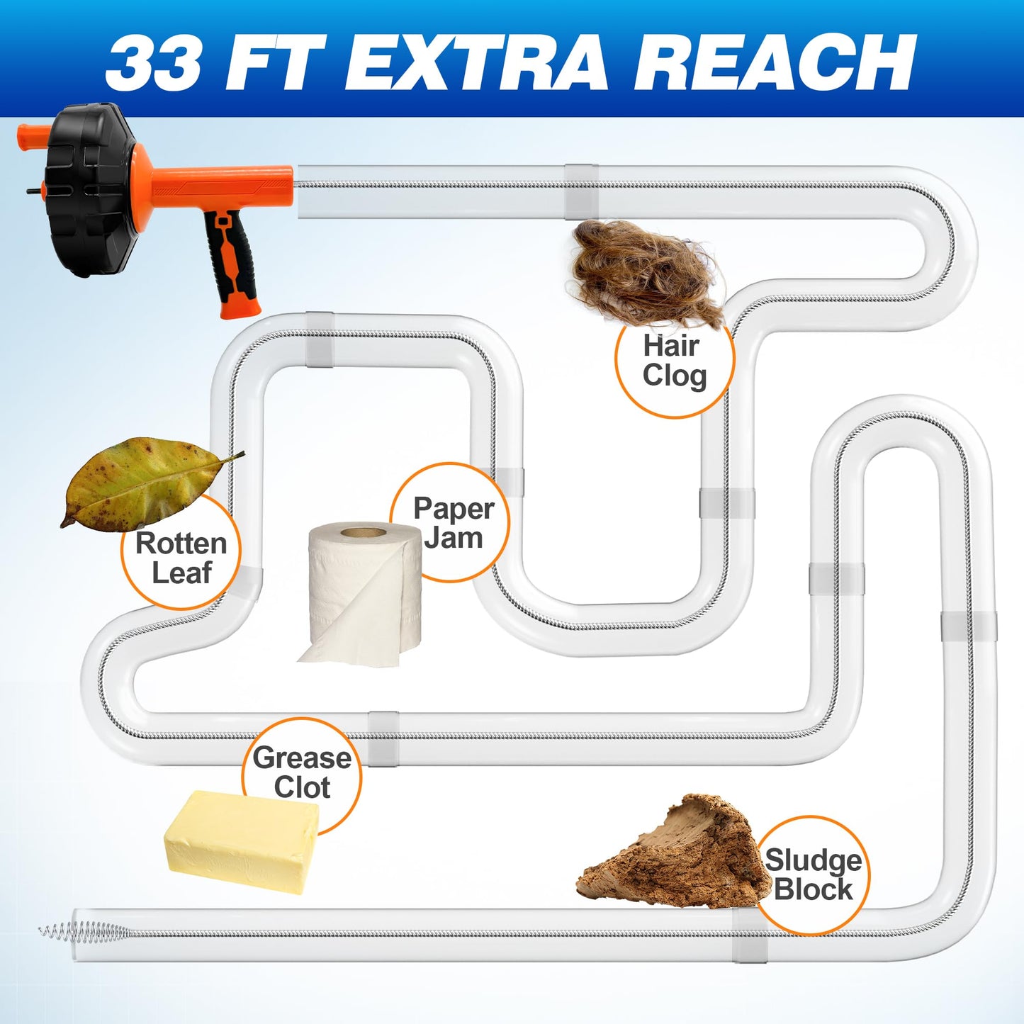 Drainsoon Auto Feed Drain Auger with Drill Adapter, 33 Feet Drain Snake Hair Clog Remover, Manual or Powered Plumbing Snake Drain Cleaner for Bathroom, Shower, Kitchen Sink, Comes with Gloves