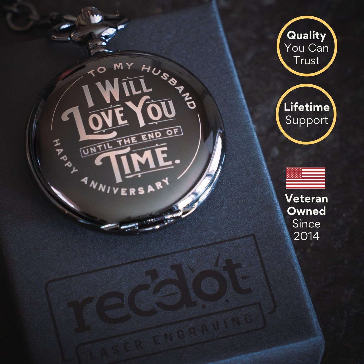 Red Dot Laser Engraving Anniversary Pocket Watch for Husband - Engraved Silver Stainless Steel - Meaningful Keepsake - Boxed and Ready to Give