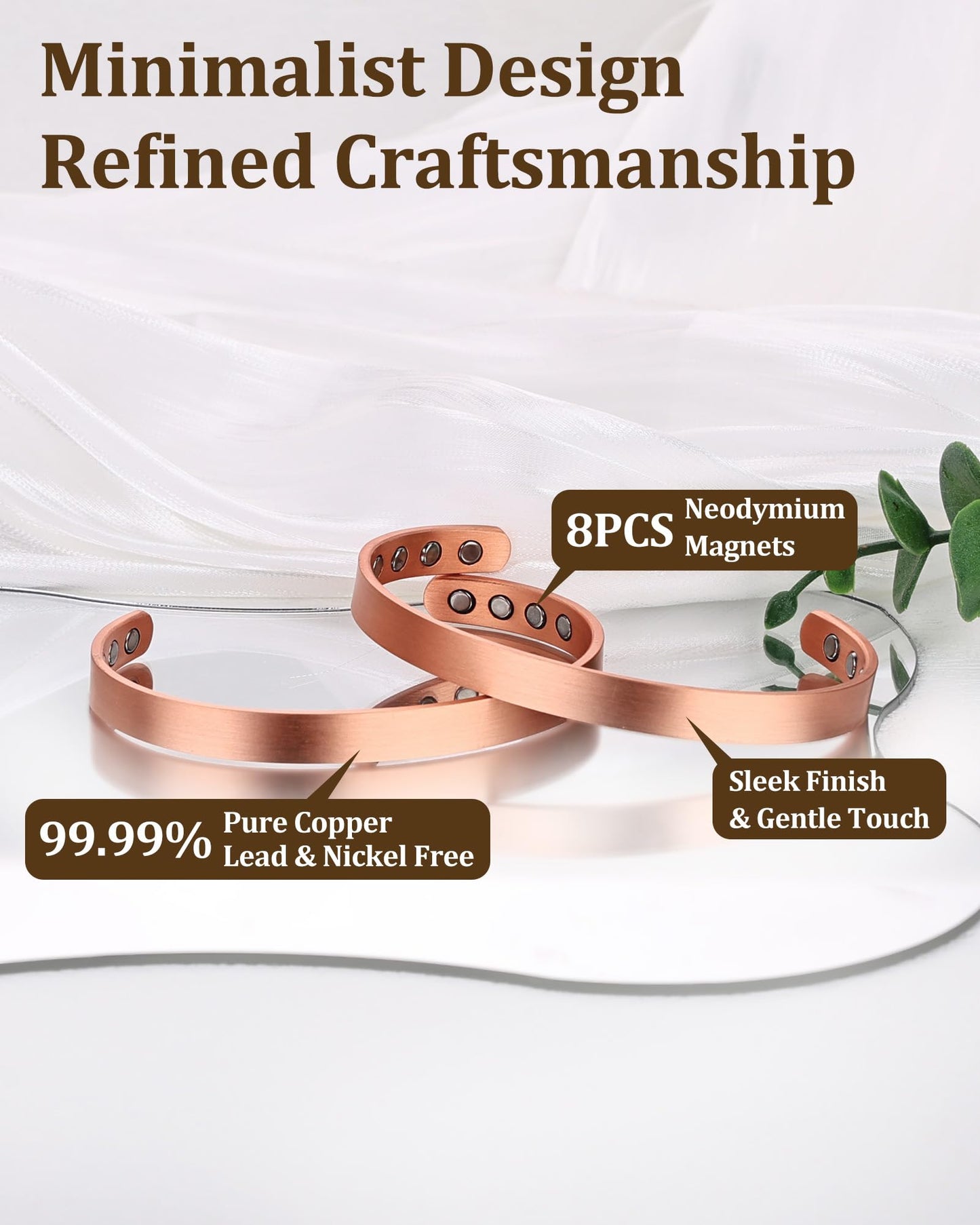 BioMag 2Pcs 99.99% Copper Bracelet for Women, Adjustable Magnetic Bracelets Bangle Cuff with 3500 Gauss Magnets, Jewelry Gift (Copper)