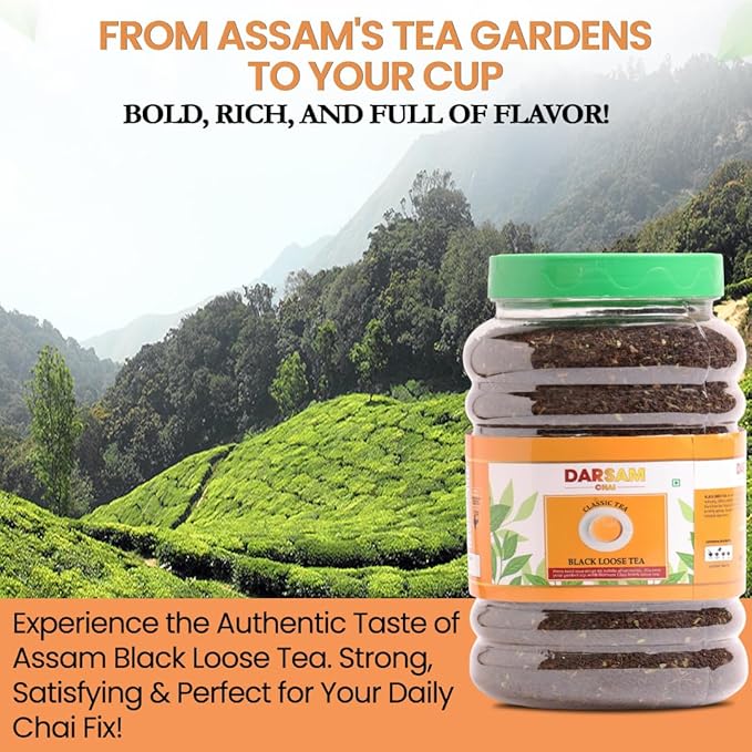 Darsam Assam Black Tea 17.6 oz (500 g) Whole Leaf, Single-Origin, Unblended Loose Leaf, Bold & Aromatic Daily Brew, Airtight Jar for Freshness, Non-GMO, Gluten-Free