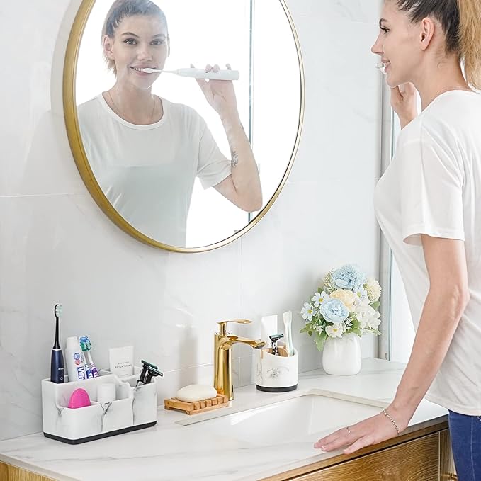 VITVITI Toothbrush Holder for Bathroom, Bathroom Storage Organizer, Small Counter Stand Accessories, for Toothpaste/Vanity Countertop, 5 Compartments Drainage Organization, White Resin of Marble Color