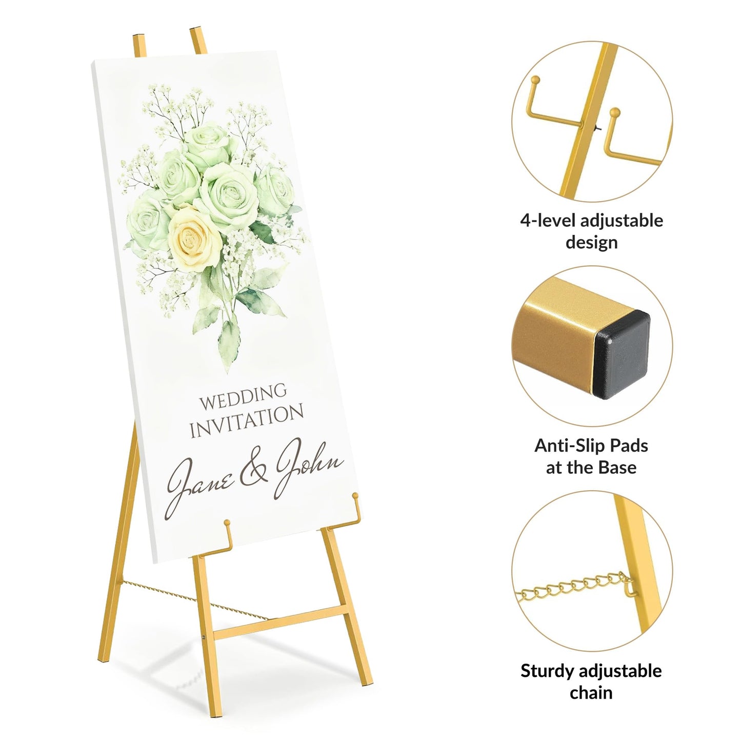 Garvee 2 Pack Welcome Sign Stand, 57.5" Display Easel Stand for Sign with Adjustable Height Chain, Heavy Duty Art Easel for Paintings, Posters, Baby Showers, Birthday Parties, Gold