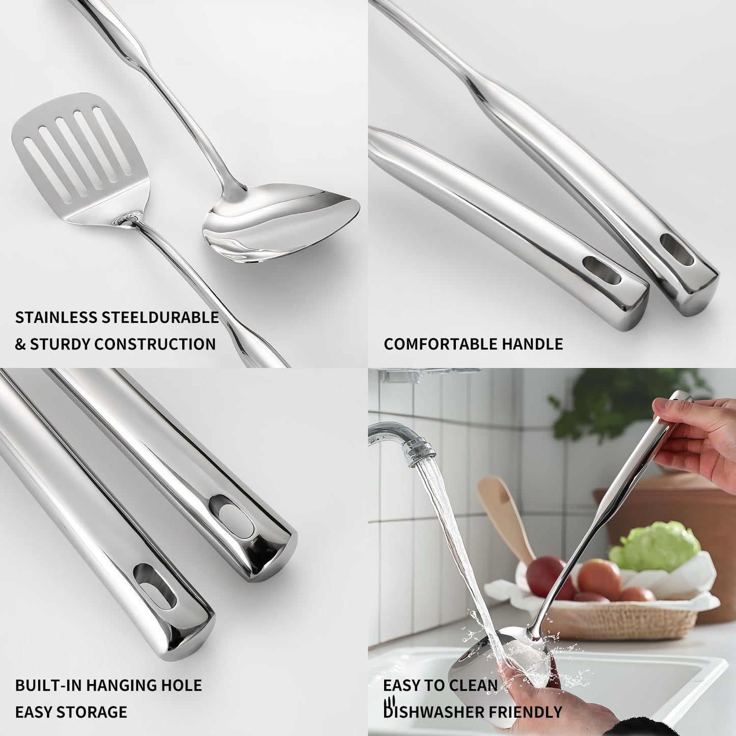 304 Stainless Steel Kitchen Cooking Utensils Set - 9 PCS Serving Utensils, Include Skimmer, Soup Ladle, Spaghetti Server, Wok Spatula, Slotted & Solid Spoon, Slotted Spatula Turner, Meat Fork (Silver）