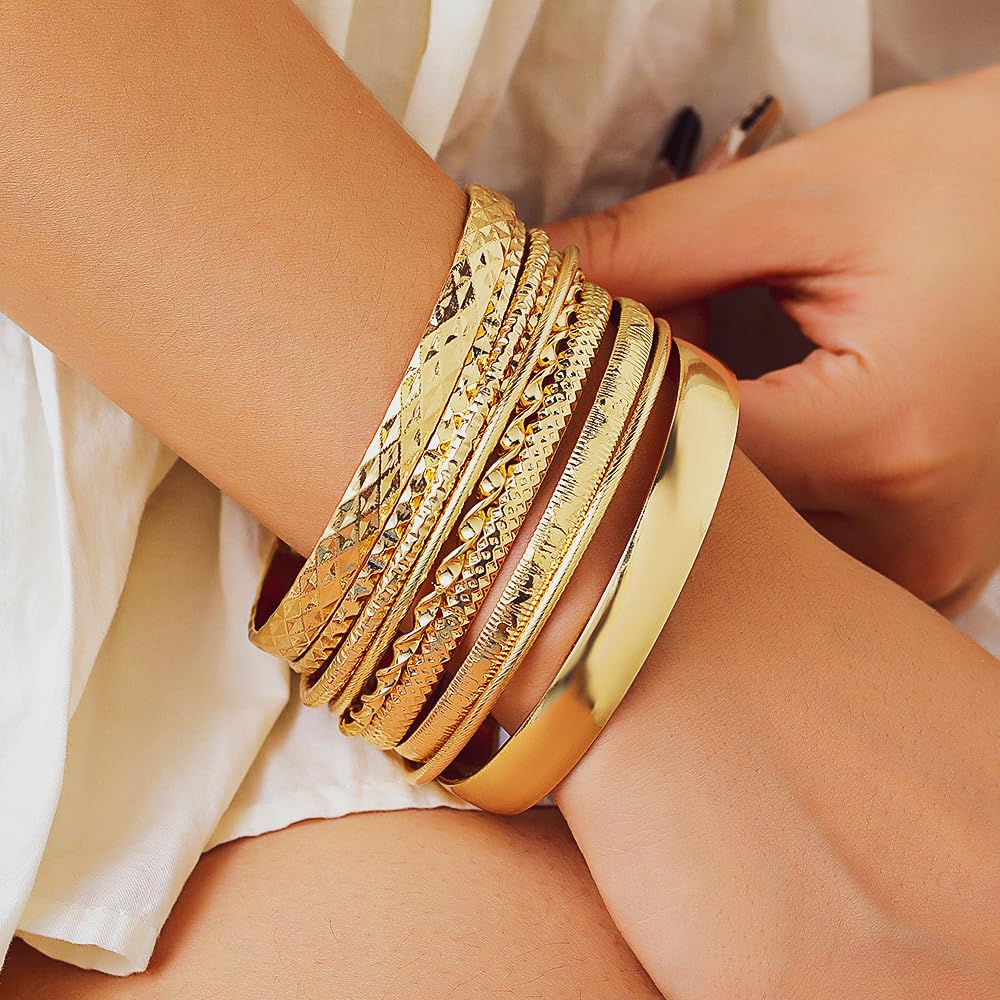 RINTOLER 10Pcs Gold Bangle Bracelets Set for Women - Stackable Textured Ethnic Style Indian Bollywood Bangles Boho Jewelrys for Women.(G set 10pc Gold)