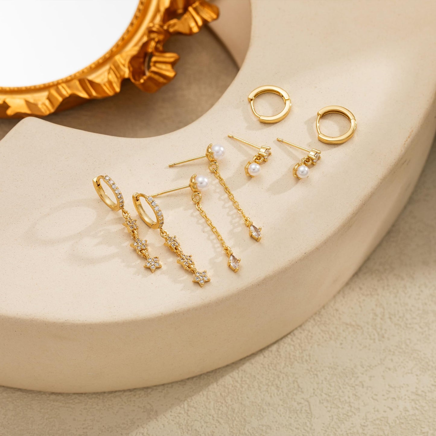 Moodear Dainty Pearl Drop Hoop Earrings for Women - Trendy 14K Gold Plated Dangle Stud Chain Baroque Pearls Hypoallergenic Earring Sets for Multiple Piercing