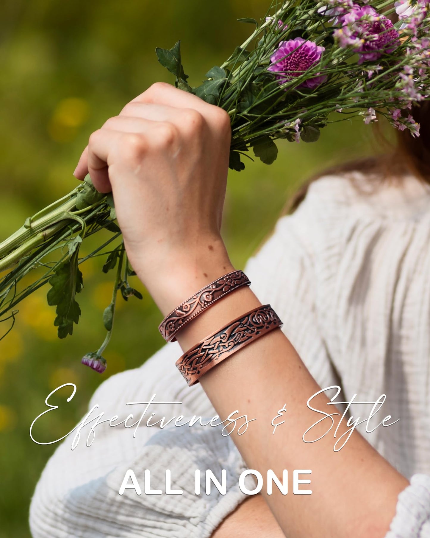 Feraco 11X Magentic Copper Bracelet for Women, 99.99% Pure Copper Cuff Bangles with Magnets, Adjustable Jewelry Gifts (Viking & Blossom)