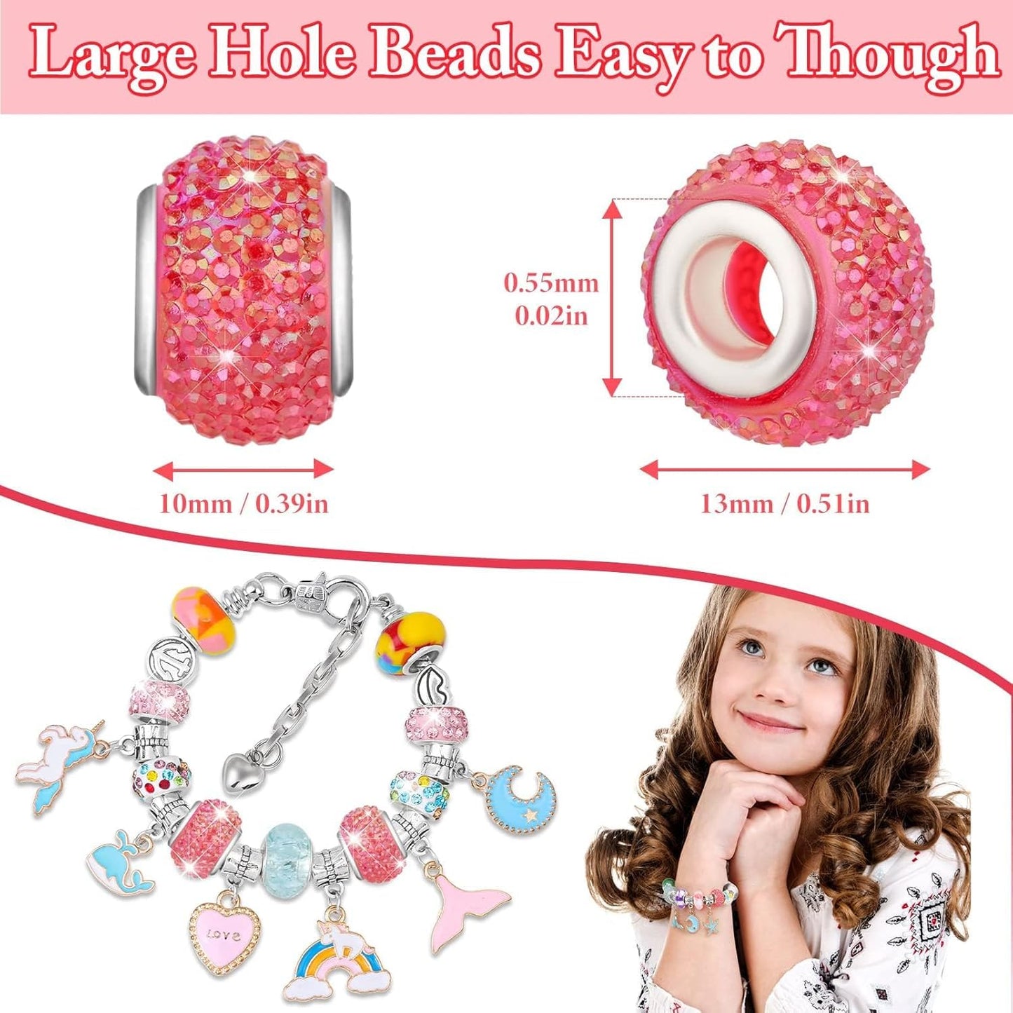 Cludoo Large Hole Glass Beads for Jewelry Making, 224PCS European Beads Bulk Mixed Color Spacer Bead with Rhinestones Lampwork Beads for DIY Craft Charms Bracelet Necklace Earring Making