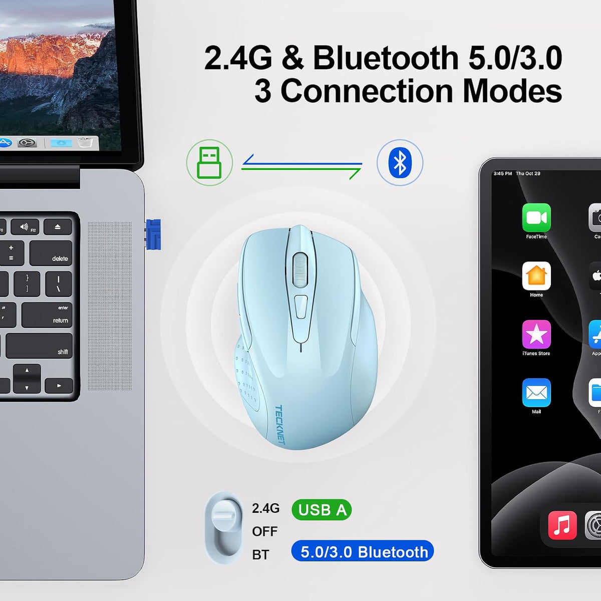 TECKNET Wireless Mouse (2.4G & BT5.0/3.0) Silent 4800 DPI Computer USB A & Bluetooth Mouse 6 Buttons, Wide Compatibility - Lightblue