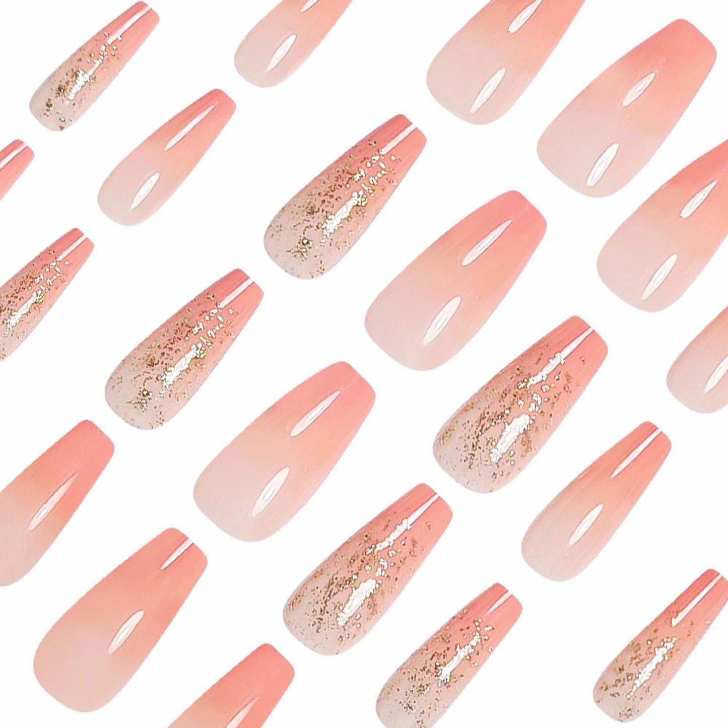 MISUD Press on Nails - Long Coffin Fake Nails with Pink Ombre, Acrylic Bling Glitter Design 24 pcs