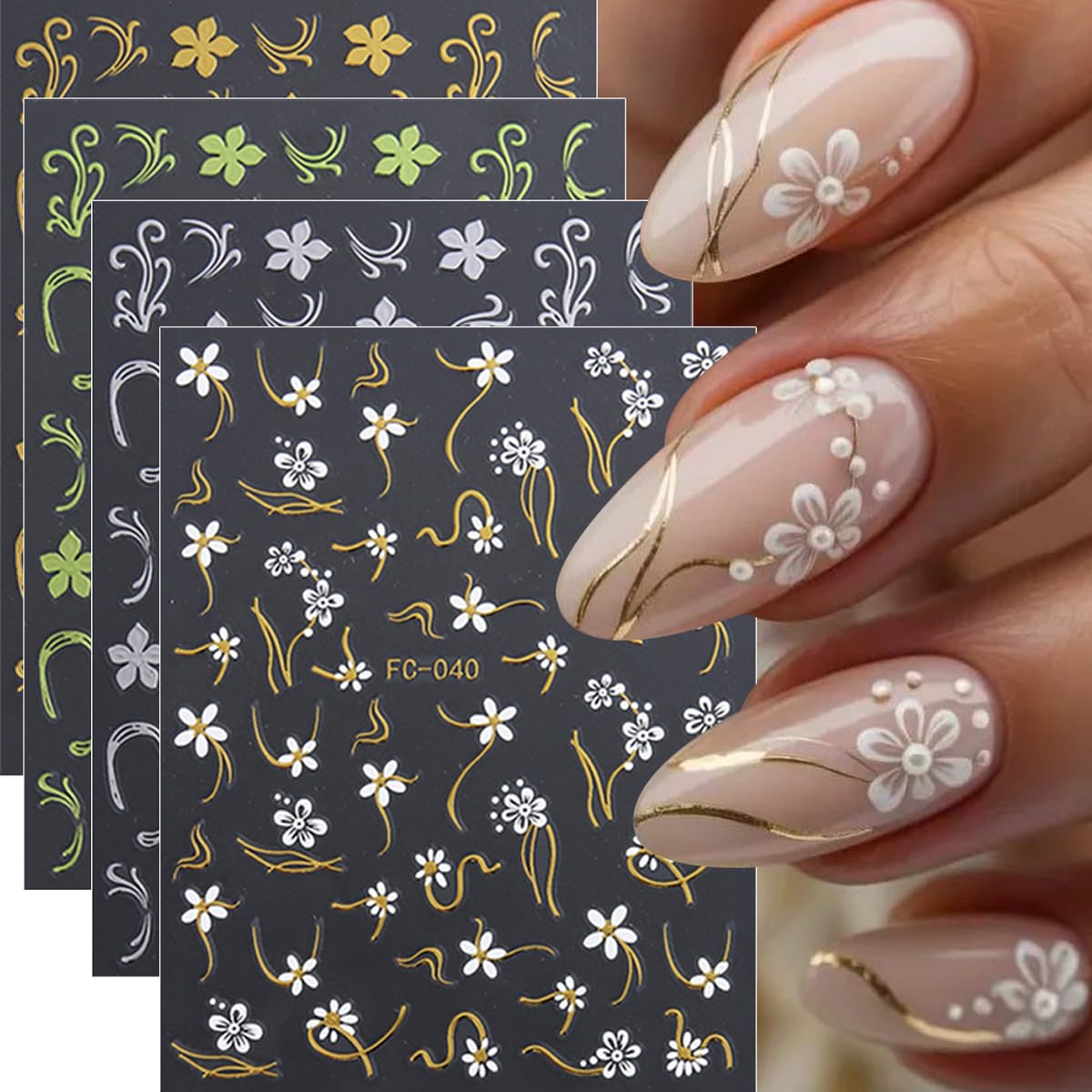 8 Sheets Spring Floral Nail Art Stickers Flower Nail Stickers with Hot Stamping Design 3D Self-Adhesive Flowers Grass Branches Nail Decals for Women Spring Summer DIY Manicure Supplies