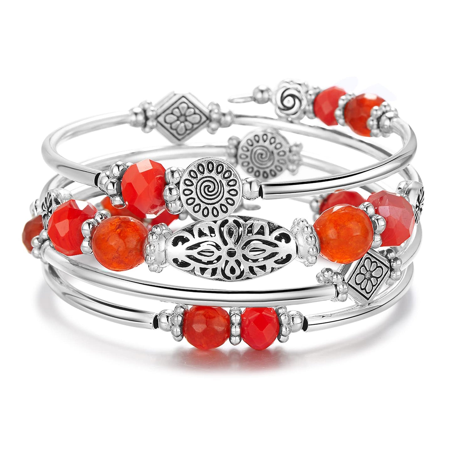 FULU AUTUMN Stackable Beaded Bracelets for Women Boho Wrap Silver Bracelet Layered Fashion Jewelry Gifts for Her(Bright orange)