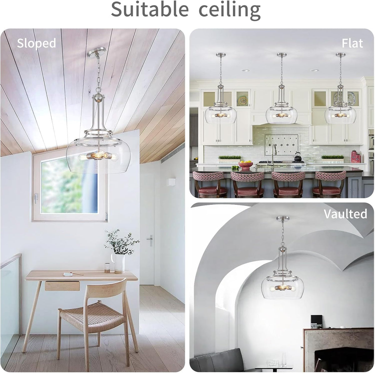 WUZUPS Chandelier Rustic Farmhouse Industrial Round Ceiling Pendant LED Light Fixture Clear Seeded Glass Shade for Dining Room Kitchen Island Foyer Entryway, H 20.9" x W 15.9", Brushed Nickel