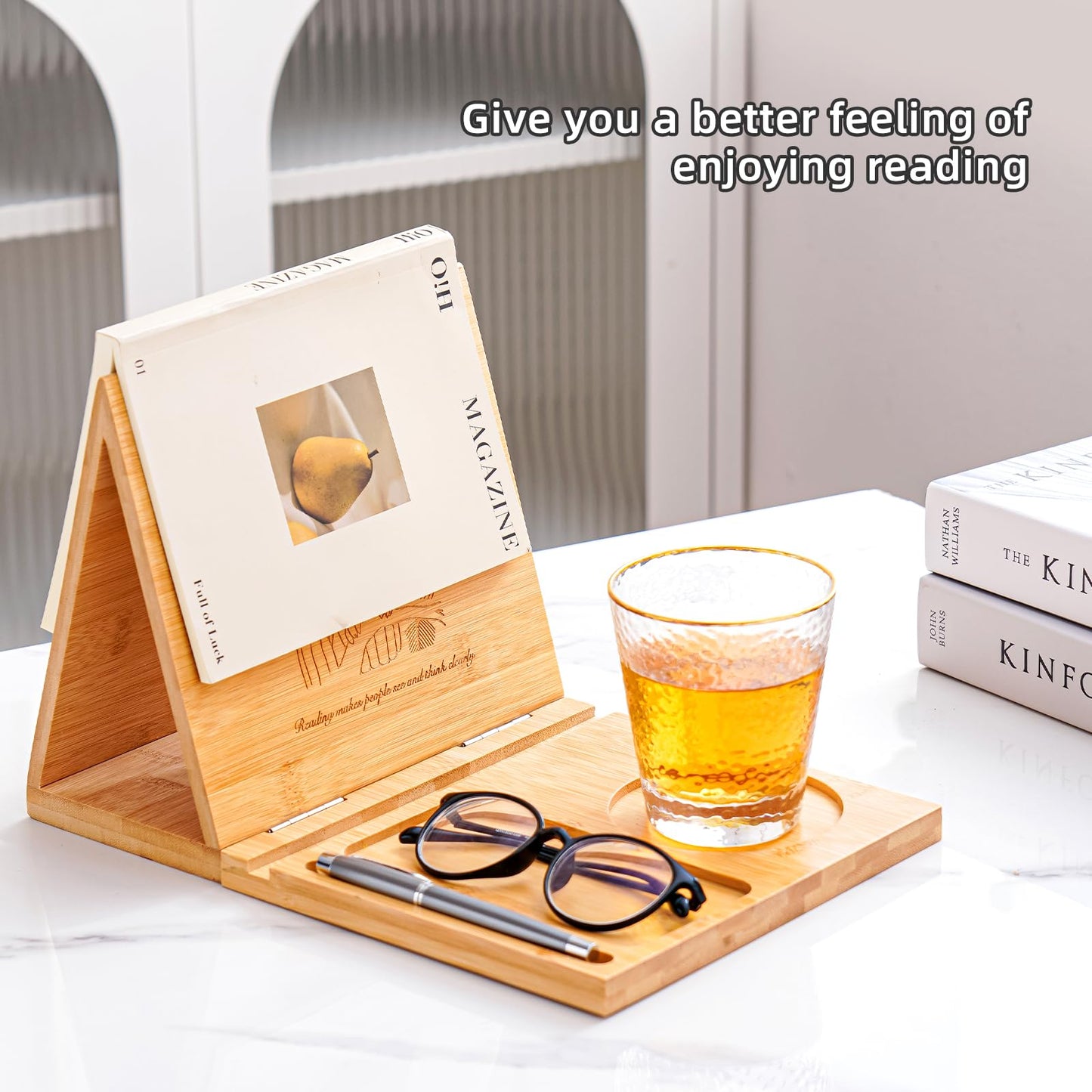 Denchware Foldable Book Rest,Triangle Book Holder,Bamboo Book Nook Reading Valet,Book Stand with Glasses,Pen,Cup and Phone Holder,Gifts for Book Lovers