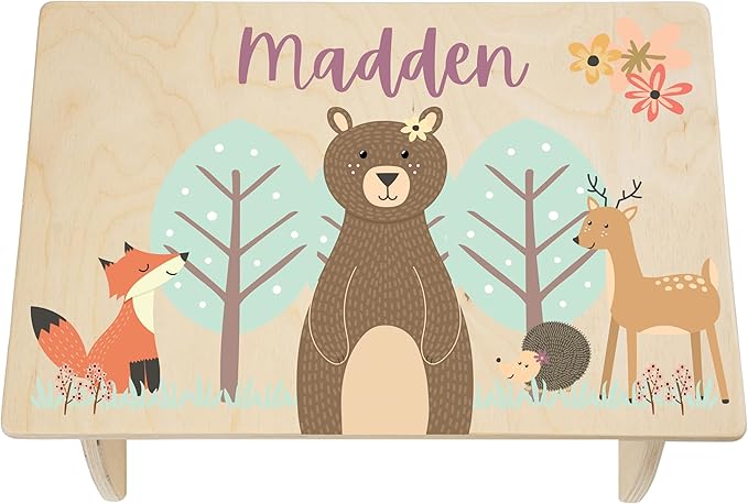 Step Stool for Toddlers- Personalized Wood Kids Step Stool with Name for Kitchen Sink, Bathroom, Potty Training, Toilet, Kitchen Sink- Sturdy and Safe- Made in USA by BloomOwl (Woodland- Girl)