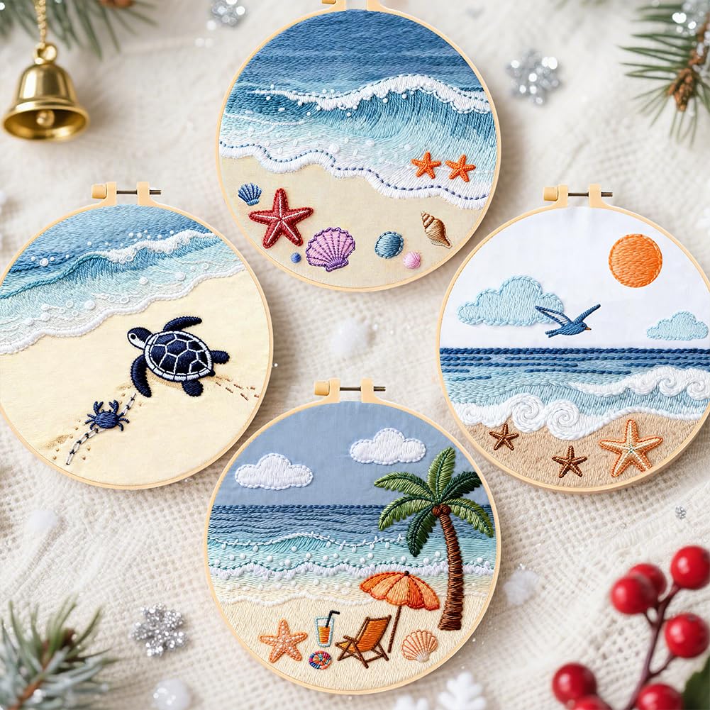 FREEBLOSS 4 Set Embroidery Kit for Beginners Adult Beach Stamped Embroidery Starter Kit with Instructions Needlepoint Accessories and Supplies for Craft Lover Hand Stitch, 2 Hoops 11.6"/29.5cm