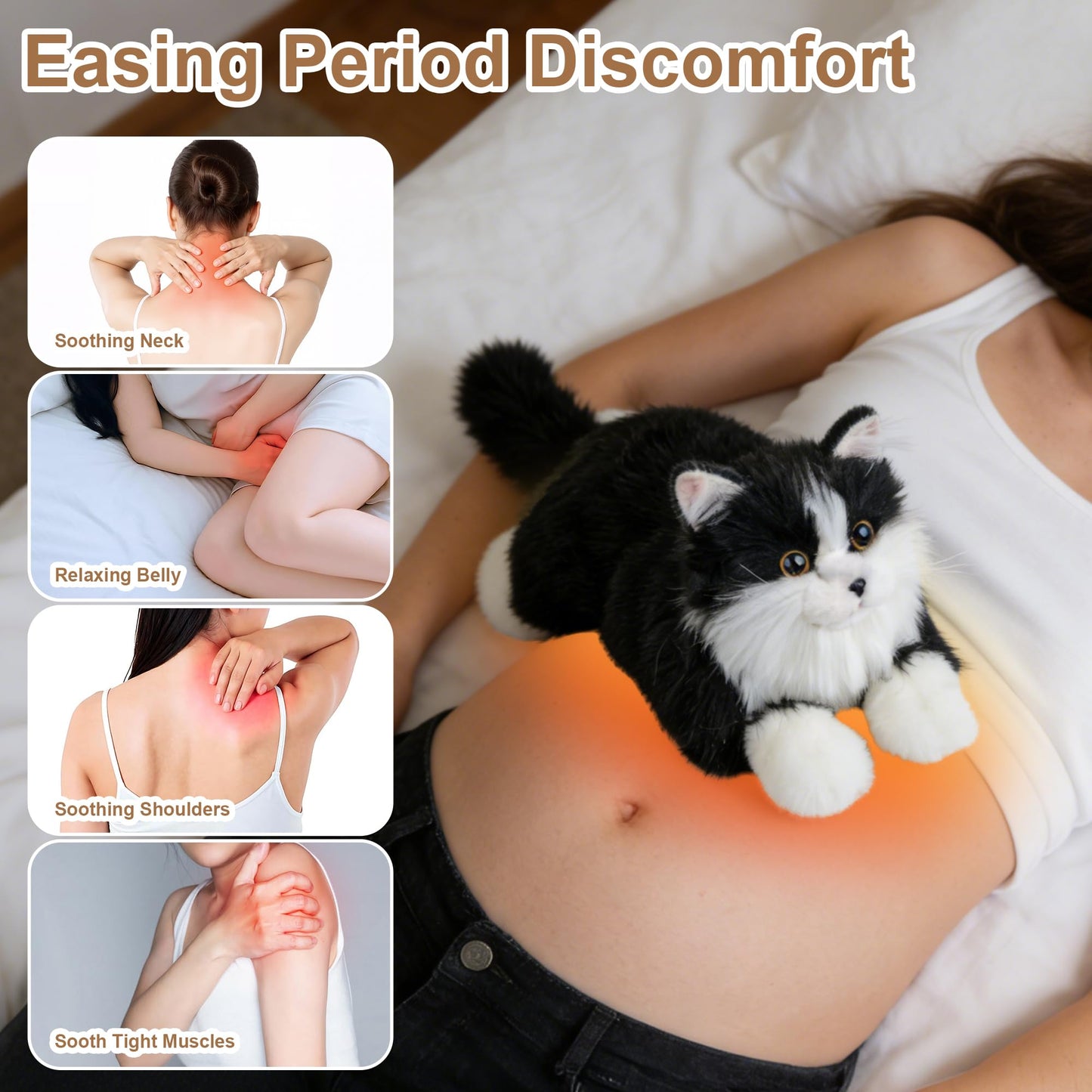 Chongker Microwavable & Weighted Stuffed Animals, 2 lbs Heated Stuffed Animal Cat Plushie with Removable Unscented Heating Pad for Belly Neck Shoulders, Plush Toys for Adults Children (White+Black)