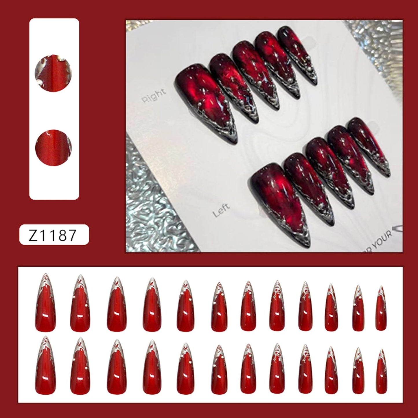 24Pcs Wine Red Press on Nails Long Pointed Almond Fake Nails French Nails Tip with Irregular Silver Design Glossy Y2k Acrylic False Nails Irregular Goth Artificial Nail Glue on on Nails for Women