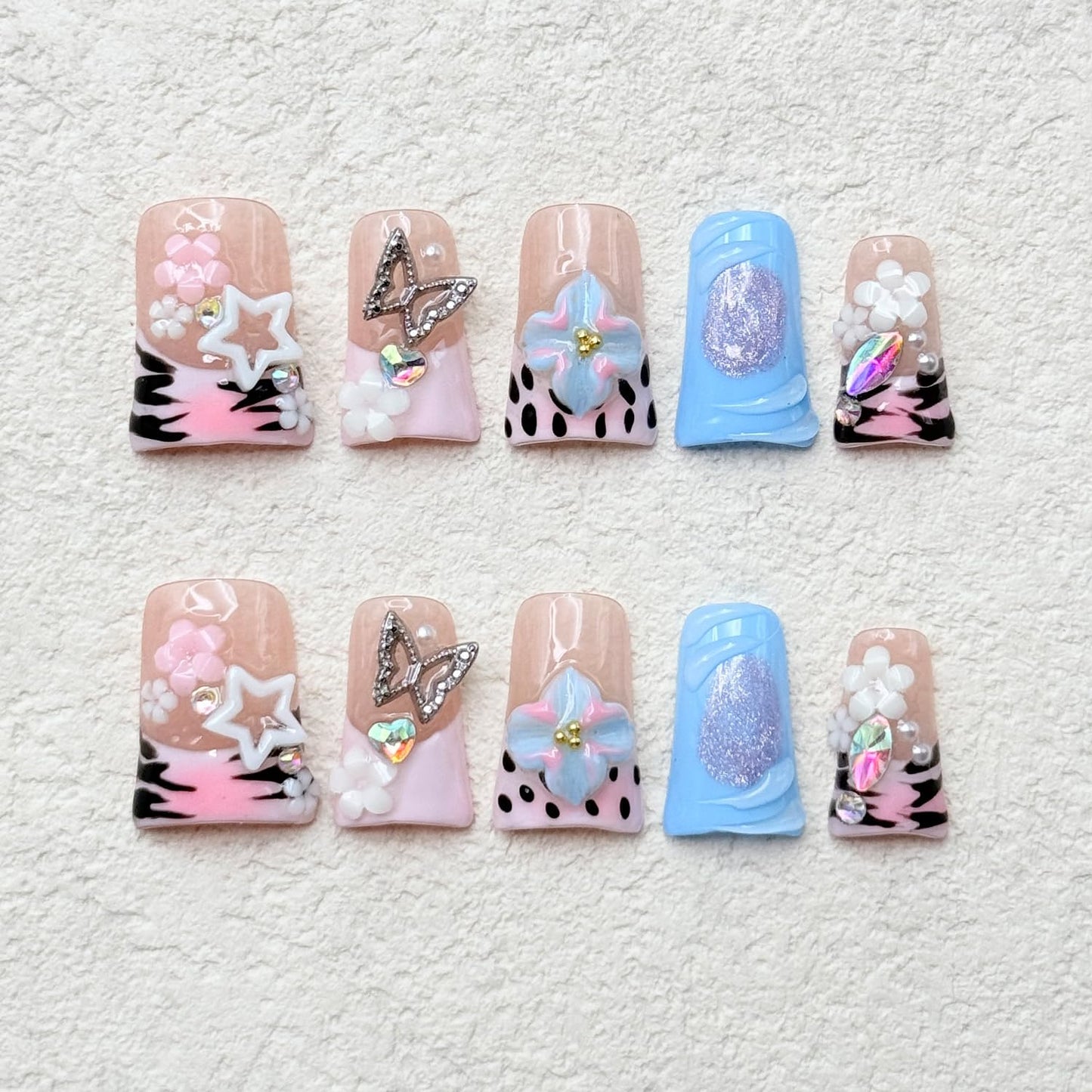 Medium Duck Press on Nails Handmade Nails Nude Pink False Nails with Luxury Rhinestone 5D Flower Art Design Thick False Nails Muti-Layer Gel Handmade Nail for Women (Size S)
