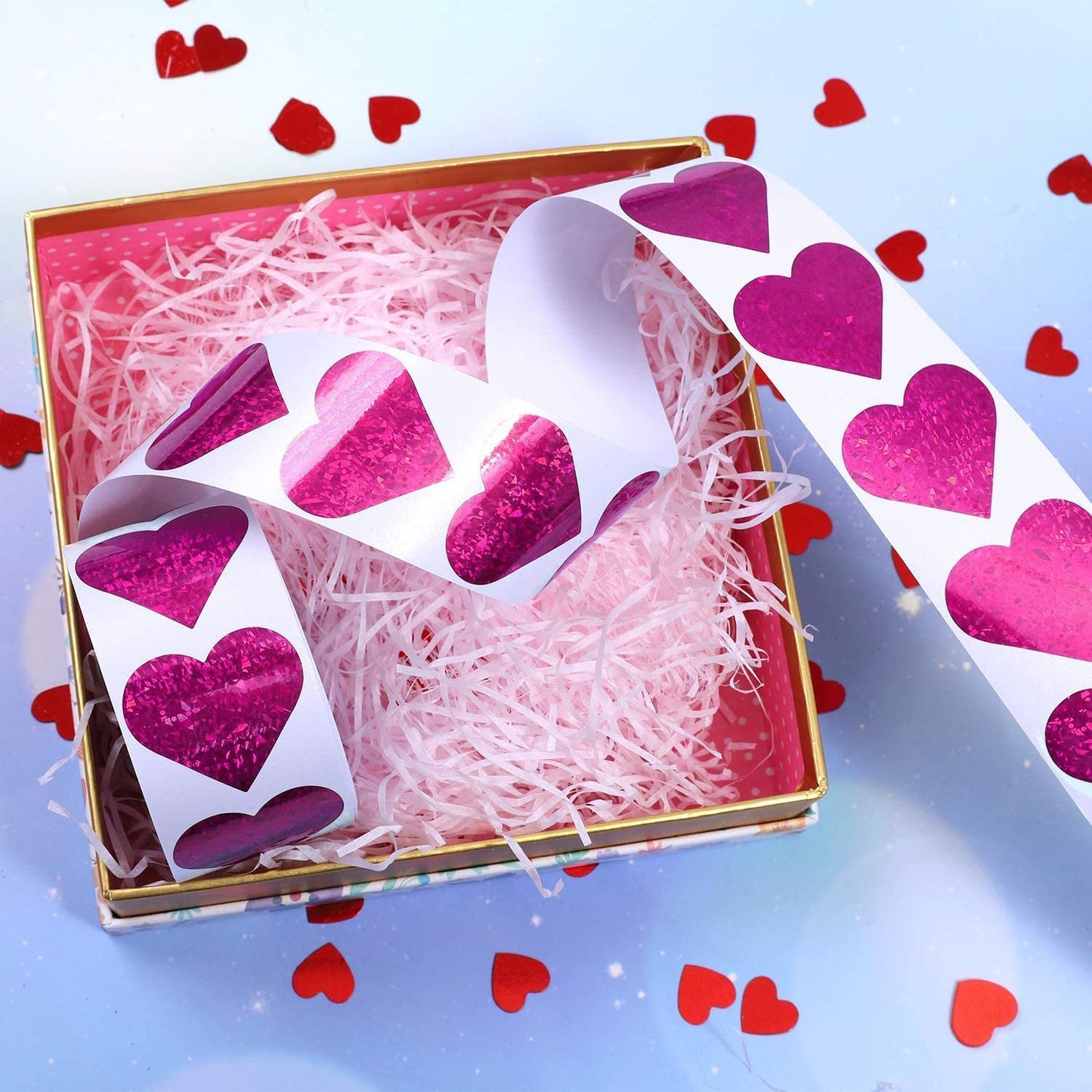 1.5" Glitter Red Heart Stickers and 1.5" Glitter Pink Heart Stickers, 2 Roll 1000 Piece