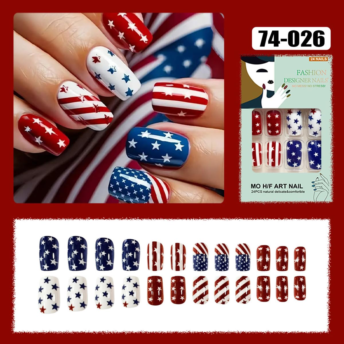 4th of July Press on Nails Red White Blue Fake Nails Medium Square False Nails Press ons with Star and Stripes Designs Patriotic Nail Acrylic Artificial Glue on Nails for Women Manicure 24Pcs