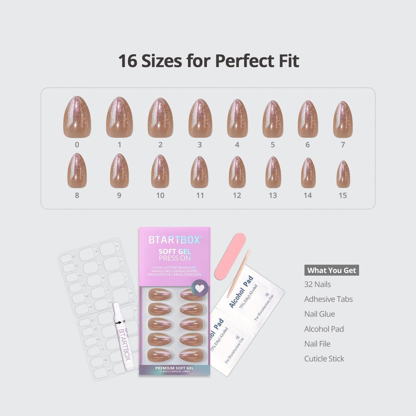 BTArtbox Press On Nails Short - Champagne Mood, Easy-to-Apply Chrome Nude Almond Press On Nails with Glue and Adhesive Tabs in 16 Sizes - 32 Nails All-in-One Kit
