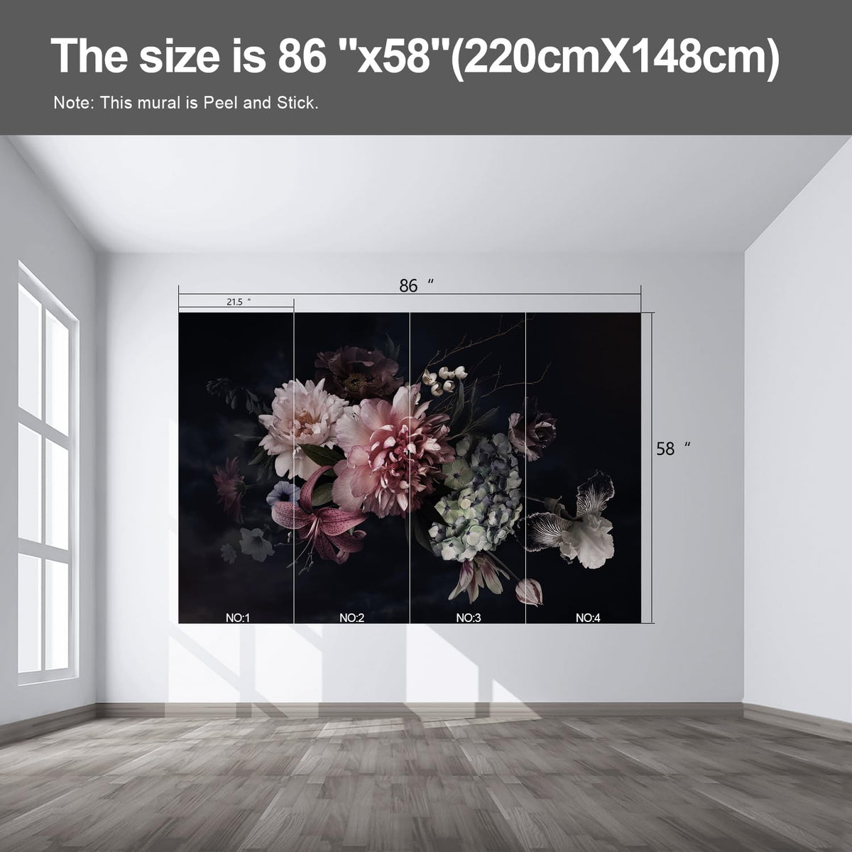 Black Floral Wall murals Peel and Stick Flowers Wallpaper for Bedroom Living Room - 58"x86"