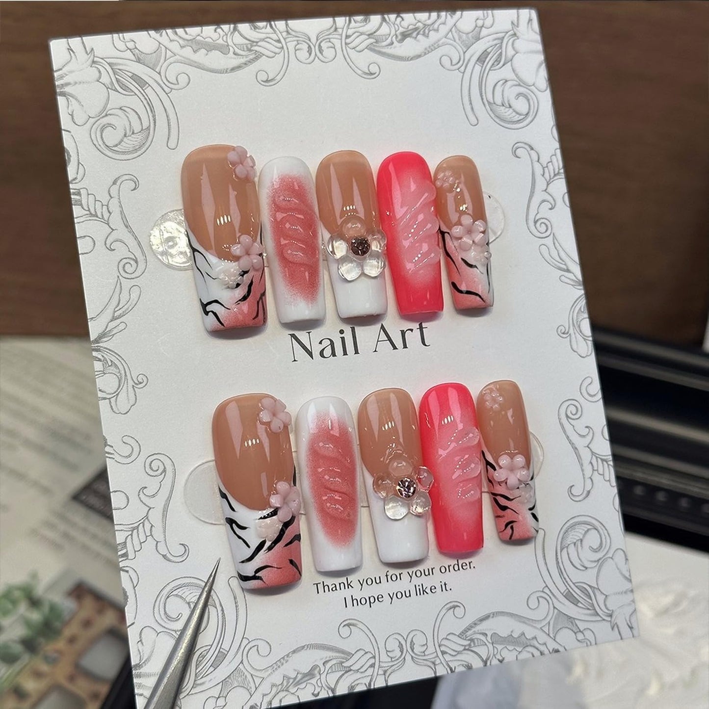 Handmade Press on Nails Long Square Shaped Fake Nails with 3D Rhinestones Flower Design Thick Acrylic and Muti-Layer Gel False Nails White French Tip Full Cover Acrylic Nails for Women (Size M)